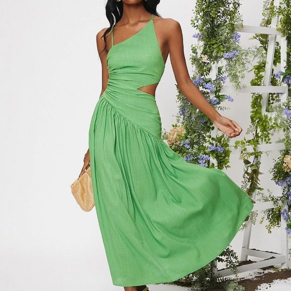 . Dresses & Skirts - Green Boho Womens Criss Cross Lace Up Backless Cut Out Ruched Ruffle Hem Dress